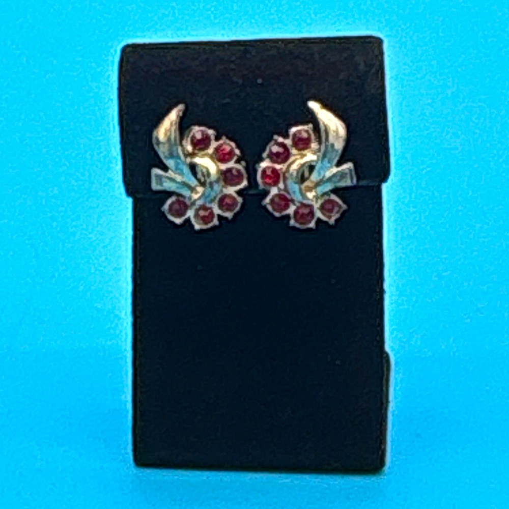 Silver Stud Earrings Screw Back 12 Red Round Stones for Lobe